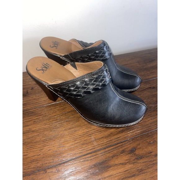 Sofft Black Leather Clogs Mules‎ High Heels Womens Shoes Sz 10 - Picture 1 of 10